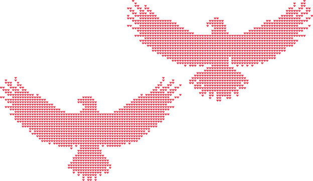 Two eagles made of red hearts on white background