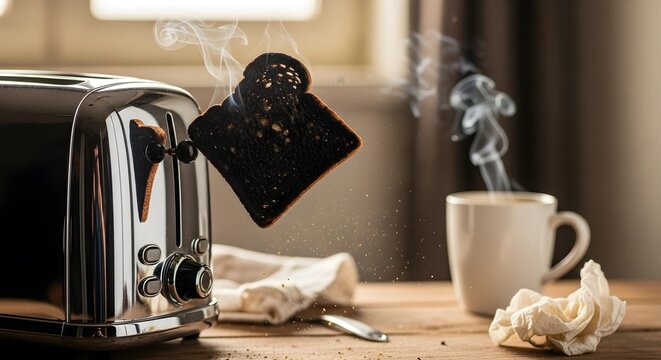 Burnt toast popping out of a toaster with a steaming cup of coffee on a wooden table.