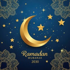 Naklejka premium A vibrant illustration of a crescent moon and stars with the text ramadan kareem 2020