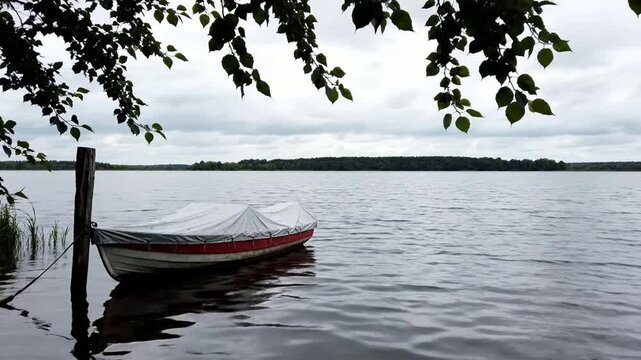 Peaceful Lake Scene with a Covered Rowboat and Overhanging Tree Branches.