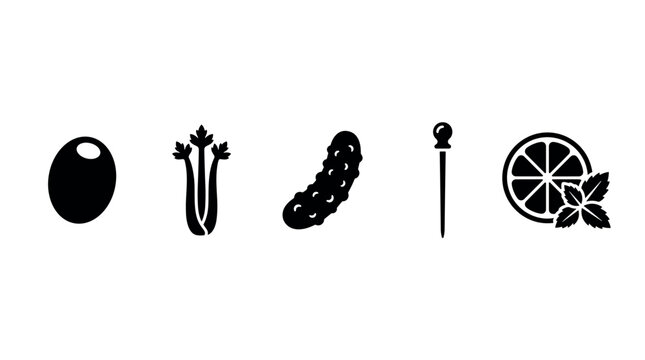 Various cocktail garnishes and drink ingredients set including olive, celery, pickle, skewer, citrus slice, and mint leaves for beverages.