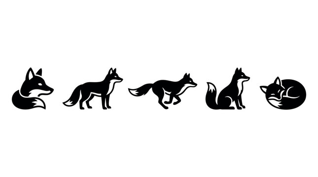 Collection of five stylized black fox silhouettes in various dynamic and resting poses, perfect for modern design elements and branding.