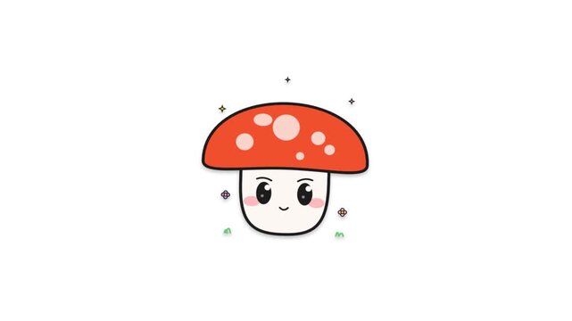 Kawaii Cute Red Mushroom Character with Smiling Face and Sparkles on White Background
