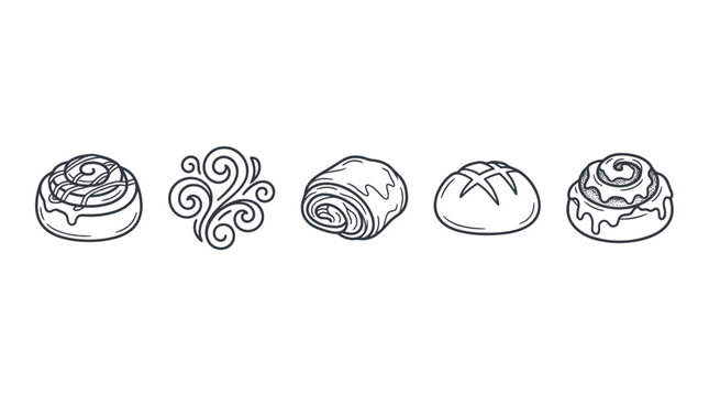 Delicious cinnamon rolls, fresh pastries, and artisan bread line art illustrations depict various popular bakery items in a charming doodle style.