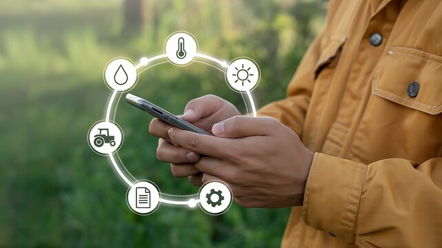 Farmer's hands using a smartphone to monitor and manage smart farm operations with digital technology, displaying agricultural data and IoT solutions in a rural field