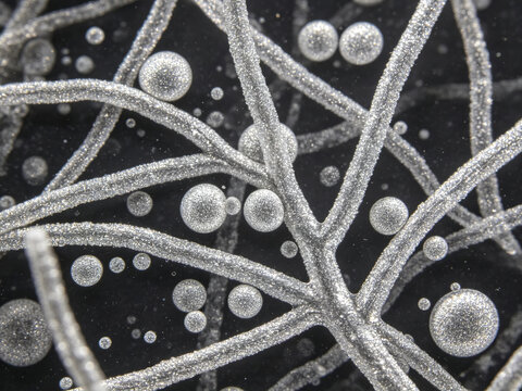 Primitive gomorihexamine silver-stained specimens of Candida albicans hyphae, characteristic silver-stained pseudohyphae and yeast cells, specimens of candidiasis.