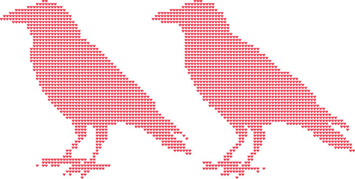 Two crows in red heart pattern form a playful design