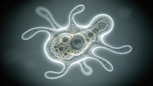 Original photocontrast photomicrographs of the amoeba (Amoeba proteus), showcasing its characteristic irregular shape and pseudopodia, for live freshwater wet mounts.