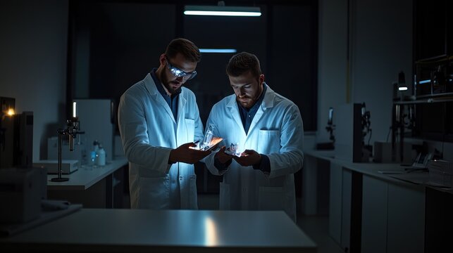 Two scientists examine a glowing sample in a dark laboratory.