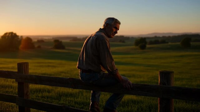 Older man sitting on wooden fence at sunset in rural field overlooking green countryside with calm landscape and warm light