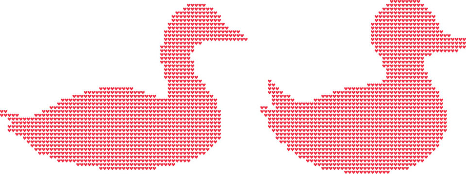 Two red heart pattern ducks facing each other in silhouette