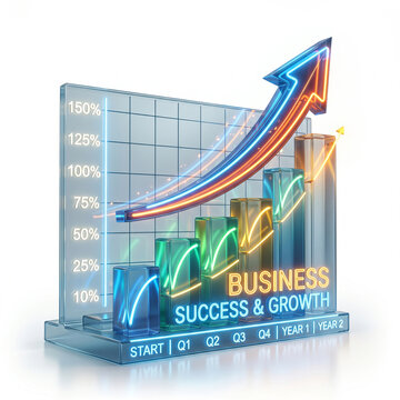 Futuristic 3d bar chart graph with a glowing neon curved arrow pointing upwards showing business success and percentage growth isolated on clear bright studio background mockup.