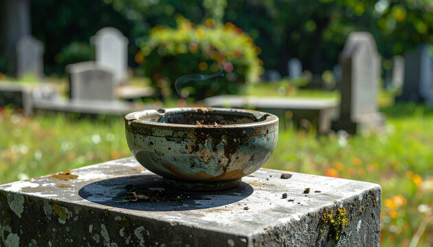 Ceramic bowl on stone structure in cemetery