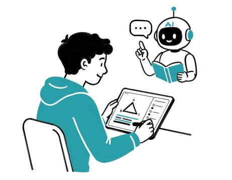 Student Learning Mathematics with Artificial Intelligence Tutor on Tablet &ndash; Educational Technology Illustration Showing AI Assisted Digital Learning
