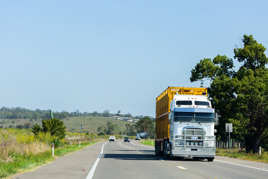Cattle truck traveling down highway road in the Hunter Valley