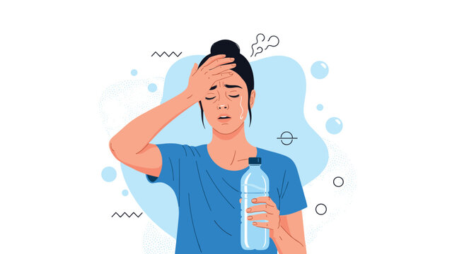 Exhausted woman holding a bottle of fresh water and touching her forehead while feeling fatigued or having a headache.