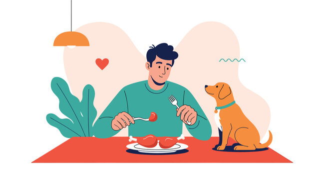 Man sitting at a dining table eating chicken while his loyal dog sits beside him watching expectantly for a treat.