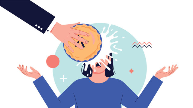 Person receiving a pie in the face with white cream splashing everywhere as a classic slapstick comedy or prank gesture.
