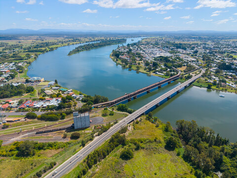 Aerial view of the Old and New Bridges at Grafton