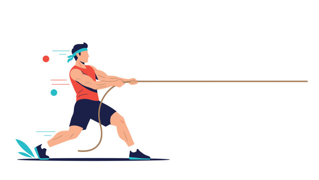 Strong athletic man pulling a rope with a lot of effort during a tug of war competition or team building exercise.