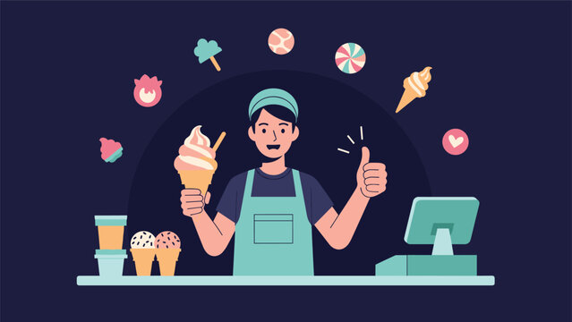 Friendly ice cream shop worker standing behind a counter with various frozen dessert icons floating in the air.