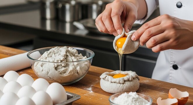 Chef preparing food with eggs