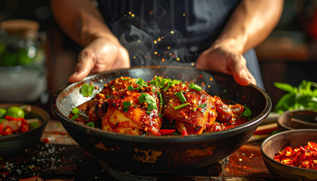 Chef presenting cooked chicken dish