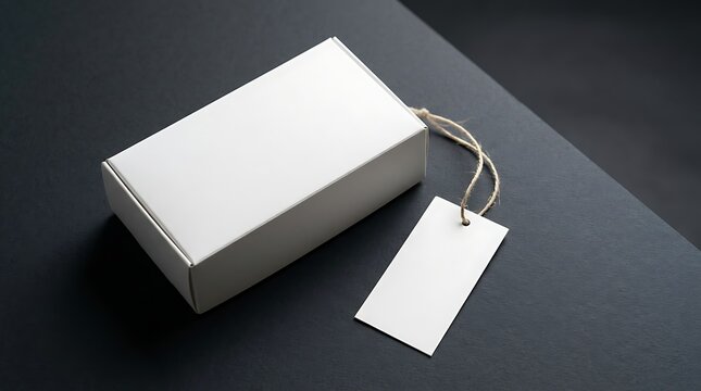 Blank white cardboard shipping box with empty paper hang tag on dark background for clothing brand identity presentation