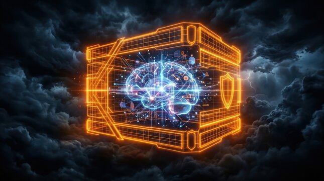 Digital Brain Containment: A glowing, futuristic digital brain encased in a technological containment unit, symbolizing artificial intelligence, data, and advanced cognitive processing.