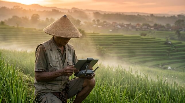 A farmer in a conical hat uses a tablet and drone controller in a misty rice paddy field at sunrise, showcasing modern agriculture.