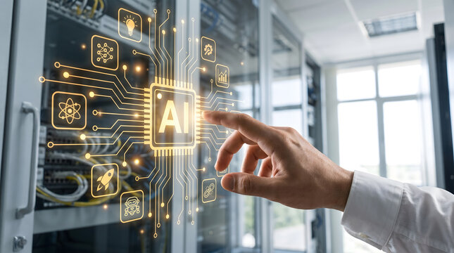 Artificial intelligence and machine learning concept: IT engineer touching glowing AI microchip hologram in server room, Server room technician, managing database, cloud computing.
