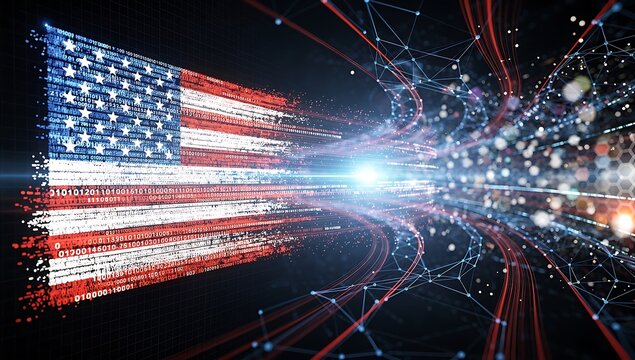 Dynamic glowing American flag with light trails in night city celebration for Independence Day