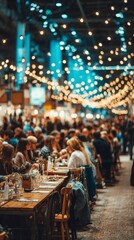 Fototapeta premium Blurred business professionals networking at corporate banquet, focusing on entrepreneurship, business connections, corporate meetings, conferences, and networking events in a professional setting 
