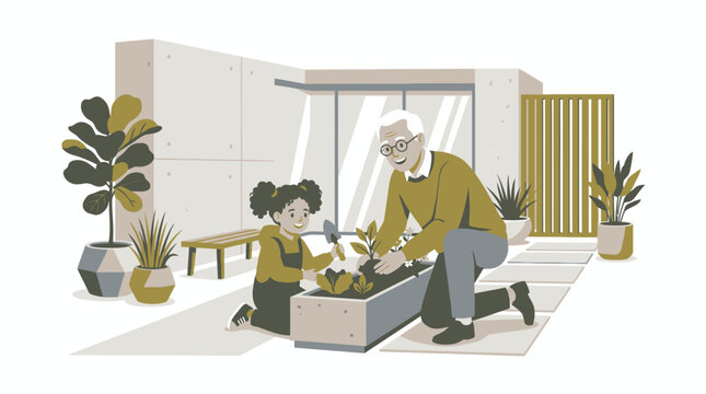 Elderly man and child planting flowers together outdoors