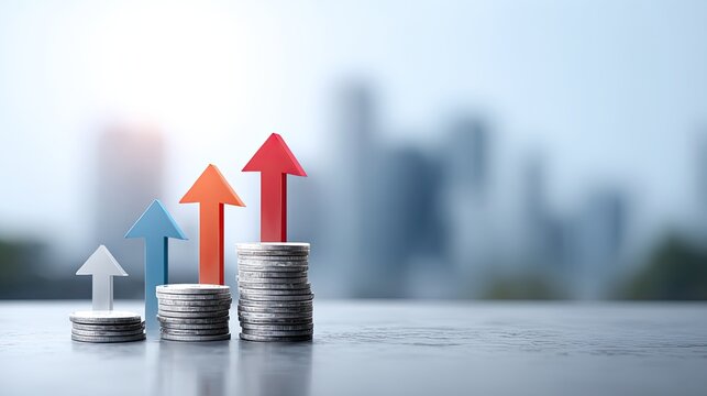 Colorful upward arrows on stacked coins, financial growth, investment return and economic upward trend concept, blurred city skyline background