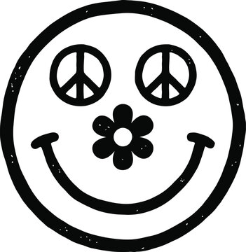 Retro peace and love smiley face icon with floral center