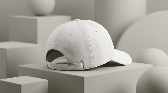 Blank white dad cap baseball hat mockup rear view on podium base for branding design showcasing streetwear headwear style