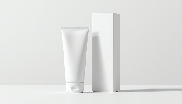 Blank plastic tube for cosmetics with cardboard box mockup. Front view 