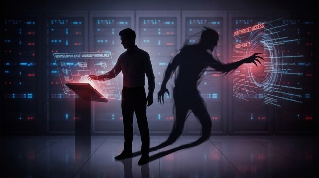 Cyber Security Threat: A lone figure interacts with a futuristic interface, shadowed by a looming digital entity, symbolizing the constant threat and vulnerability in the realm of cybersecurity.