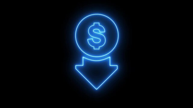 A neon video graphic of a dollar sign with a downward arrow indicates financial loss in a video about economics