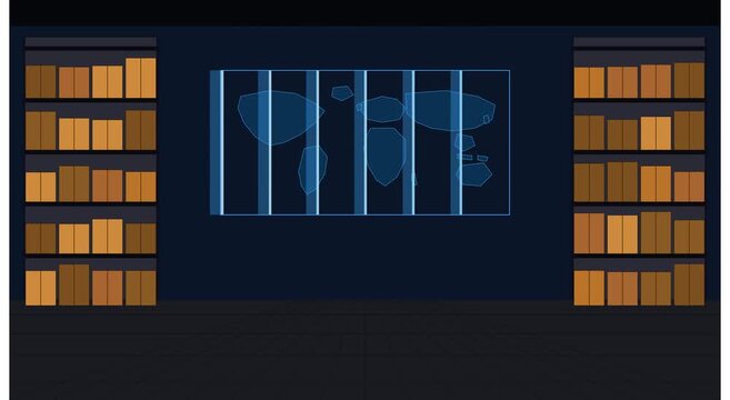 Digital map interface in modern library animation background