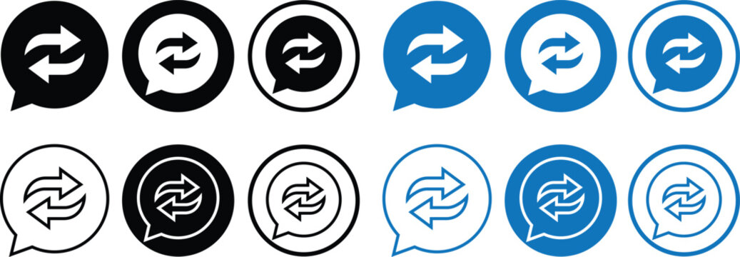 Chat bubble flat, line icon set. Two reload update arrows inside representing dialogue exchange, instant messaging response, auto reply, data syncing, chat translation signs on transparent background.