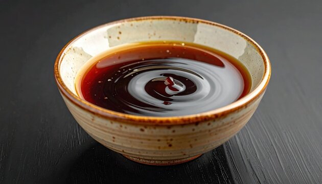 soy sauce swirl in a ceramic rustic bowl, dark liquid seasoning, japanese umami flavor, food photography for culinary websites and menus