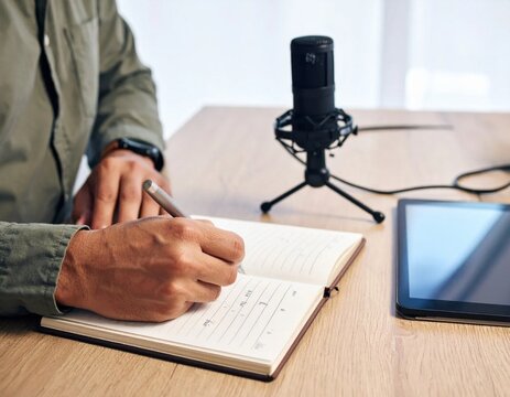 Person writing in a notebook near a microphone and tablet, podcasting preparation, content creation, professional communication and script writing