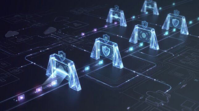 Digital Fortress: Futuristic glowing firewall gates with shield icons create a secure digital network, representing cybersecurity and data protection in a modern technological landscape.