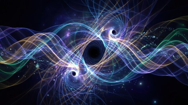 Cosmic Dance of Gravitational Waves: Abstract representation of two merging black holes, emitting luminous, swirling gravitational waves in a cosmic ballet.