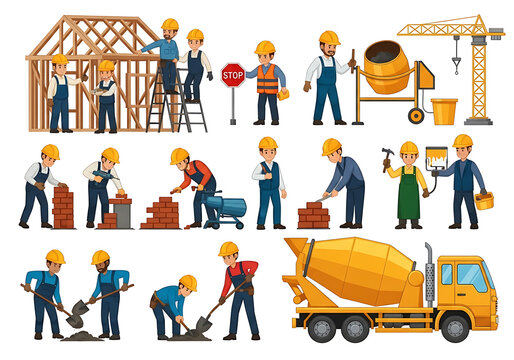 Group of professional construction workers wearing safety helmets performing various tasks at job site involving bricklaying frame assembly concrete mixing and earthwork activities for building