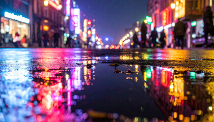 Obraz premium City street nighttime reflection