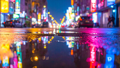 Fototapeta premium City street nighttime reflections