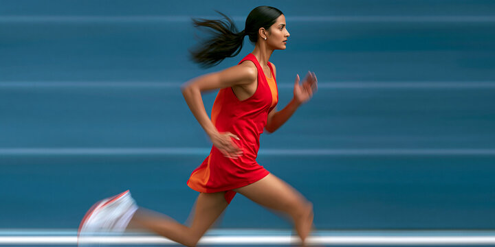 A female athlete in a red running outfit sprints with determination, her hair flowing behind her, against a blurred blue background that suggests speed and motion